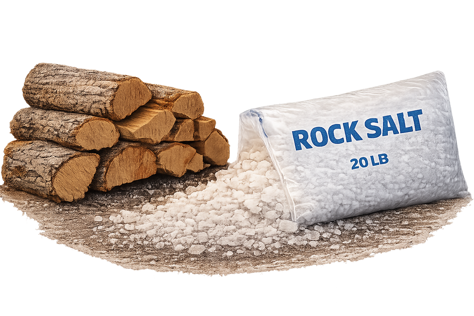 Kiln dried firewood bundles and rock salt ice melt supplies